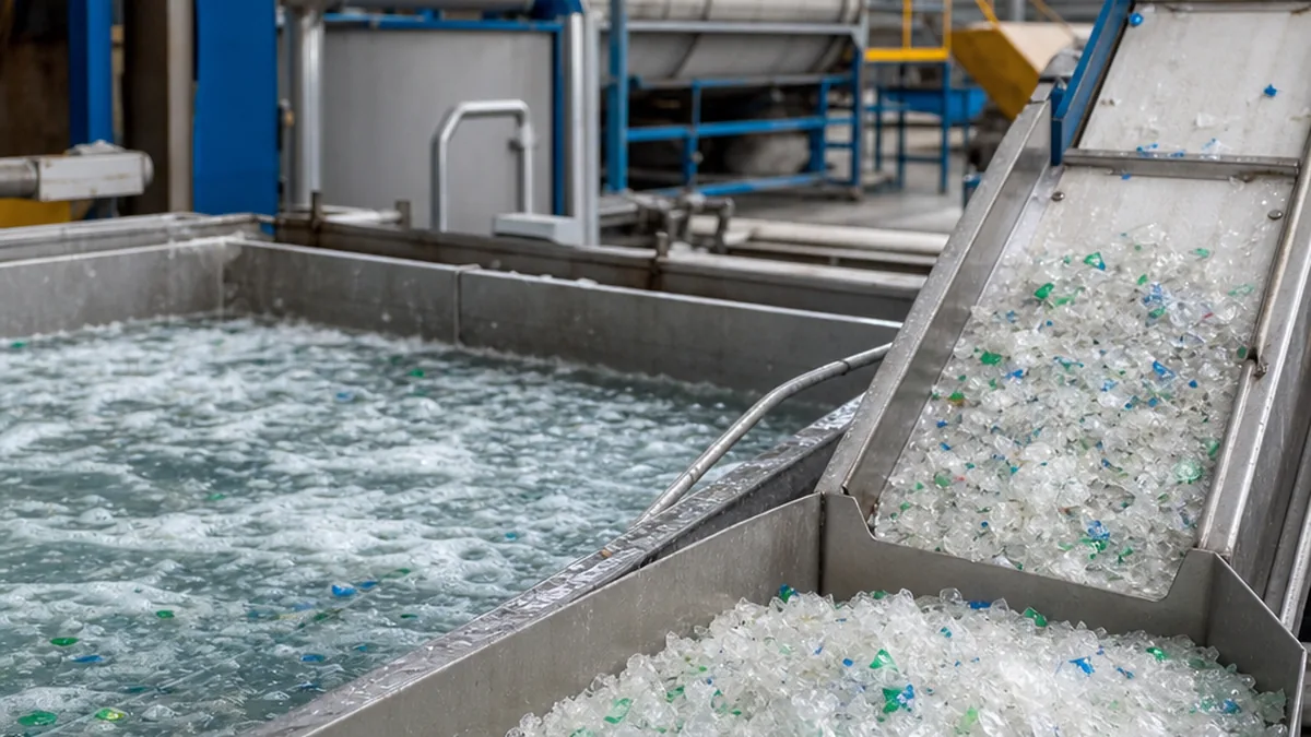 a PET bottle washing recycling line interior showing hot-wash tank with caustic solution, conveyor, and clean flake output, industrial editorial style, no logos