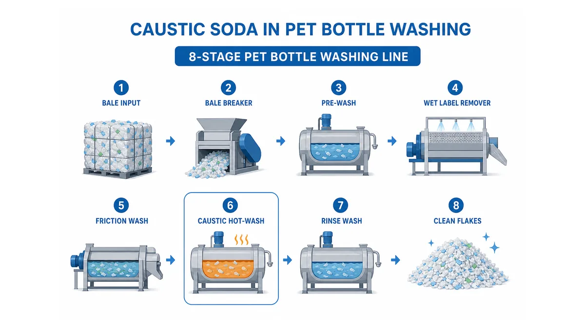8-stage PET bottle washing recycling line process flow from bale input to clean flakes output, showing caustic hot-wash tank position at stage 6, flat design diagram