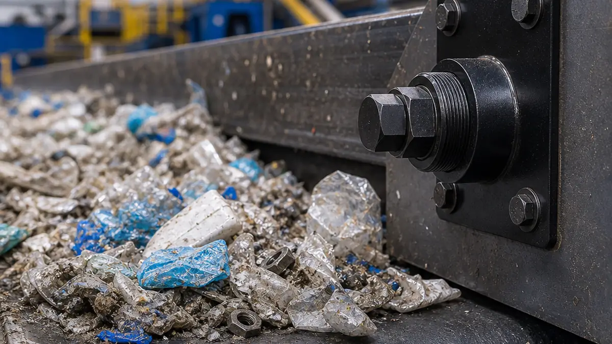 industrial plastic recycling facility showing conveyor belt with mixed scrap plastic and visible metal contaminants under bright warehouse lighting, editorial style