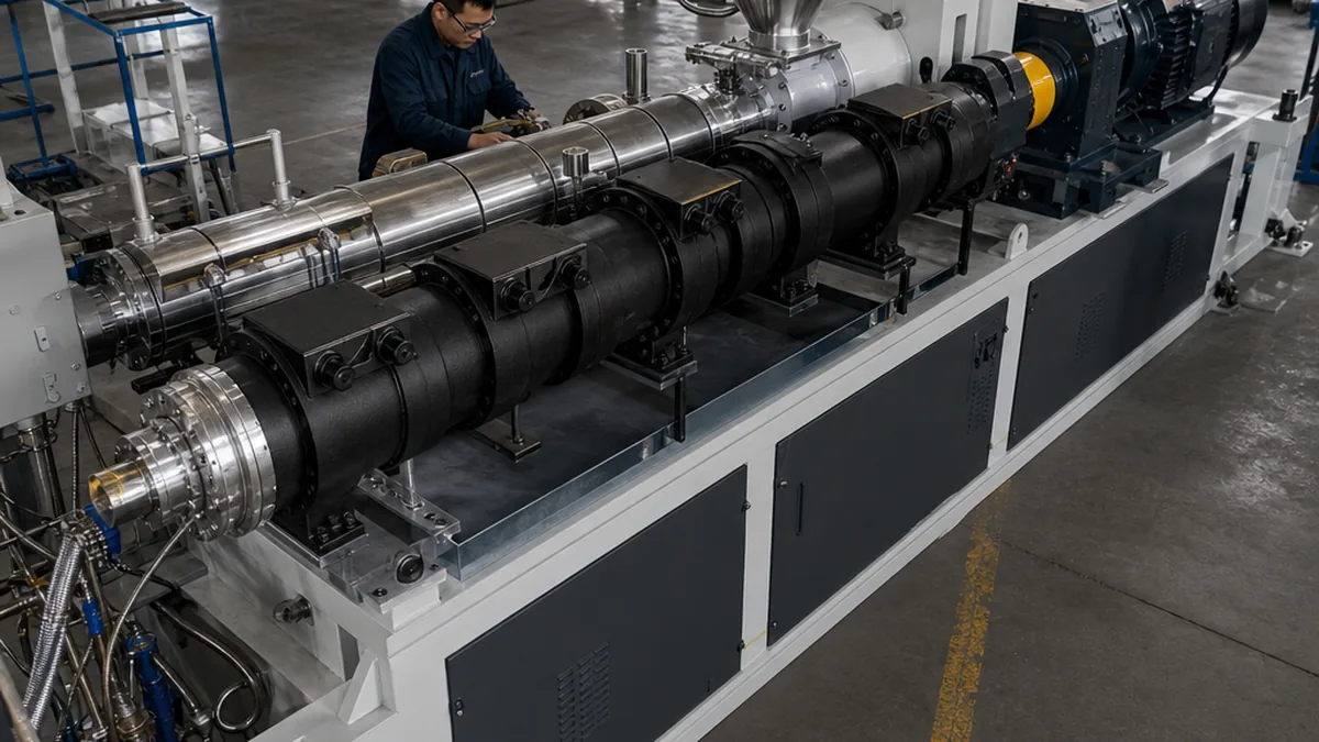 What Determines the Quality of Plastic Recycling Equipment? | Elant Machinery industrial plastic recycling machine line in a modern manufacturing facility, overhead editorial view, natural warehouse lighting