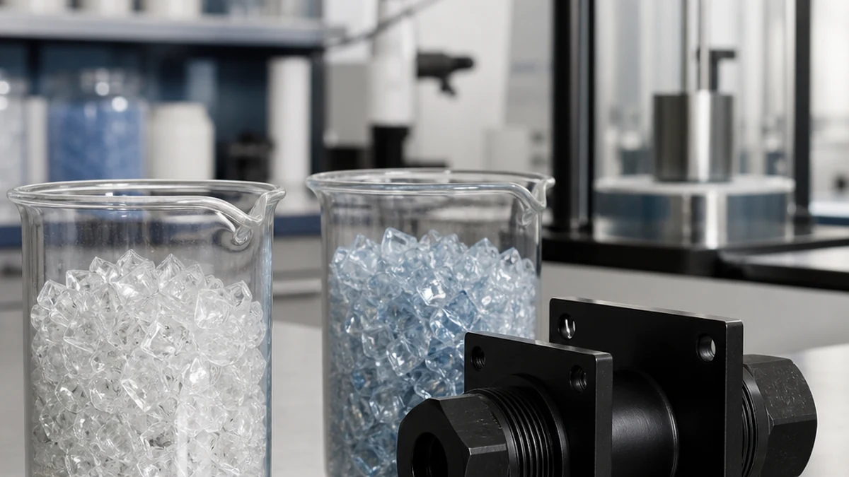 editorial close-up of clear PET flake samples in laboratory beakers with viscometry equipment in background, natural studio lighting