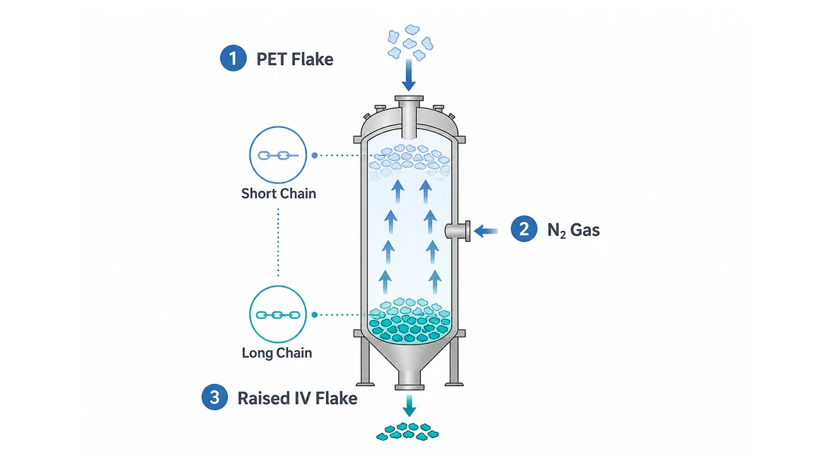 step-by-step cross-section diagram of SSP reactor showing pre-crystallized PET flake entering the top, nitrogen gas sweeping upward counter-current, and raised-IV flake exiting at the bottom with chain length indicators