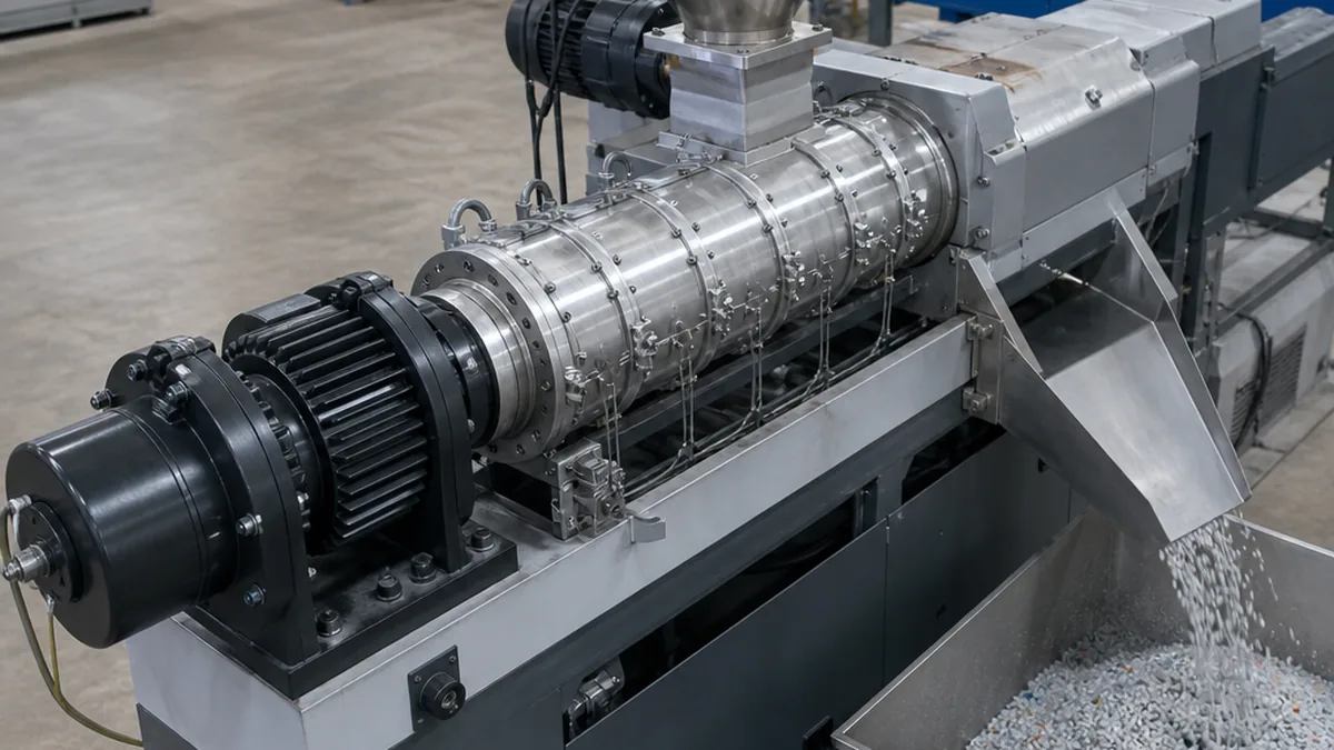 industrial plastic recycling extruder line producing pellets in a US recycling plant, overhead editorial angle, clean facility lighting