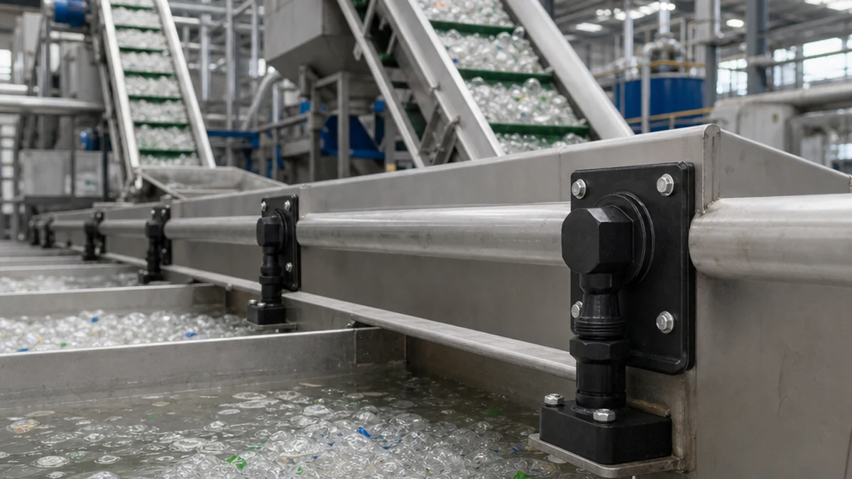 How to Optimize a PET Bottle Washing Line for Higher-Quality rPET Flakes | Elant Machinery industrial PET bottle washing line in a modern recycling facility, rows of equipment under bright factory lighting, editorial documentary style
