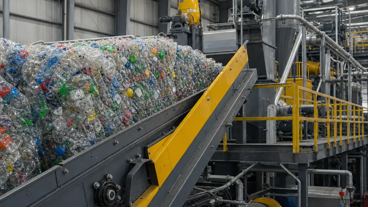 PET Bottle Washing Line Cost: A Complete Buyer's Guide | Elant Machinery industrial PET bottle washing line in a large recycling facility, bales of clear PET bottles on conveyor, editorial-style overhead lighting