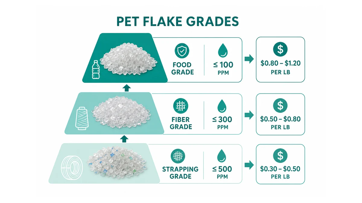 PET Bottle Washing Line Cost: A Complete Buyer's Guide | Elant Machinery PET flake output grade hierarchy showing food-grade rPET at top, then fiber-grade, then strapping-grade, with contamination thresholds and typical USD per pound price ranges for each grade