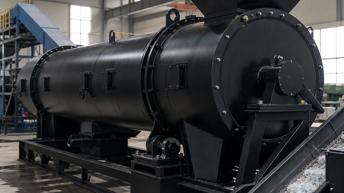 PET Flakes Dryer: How to Choose the Right Machine for Your Line | Elant Machinery industrial PET flakes dryer machine on a plastic recycling line, factory floor, editorial lighting