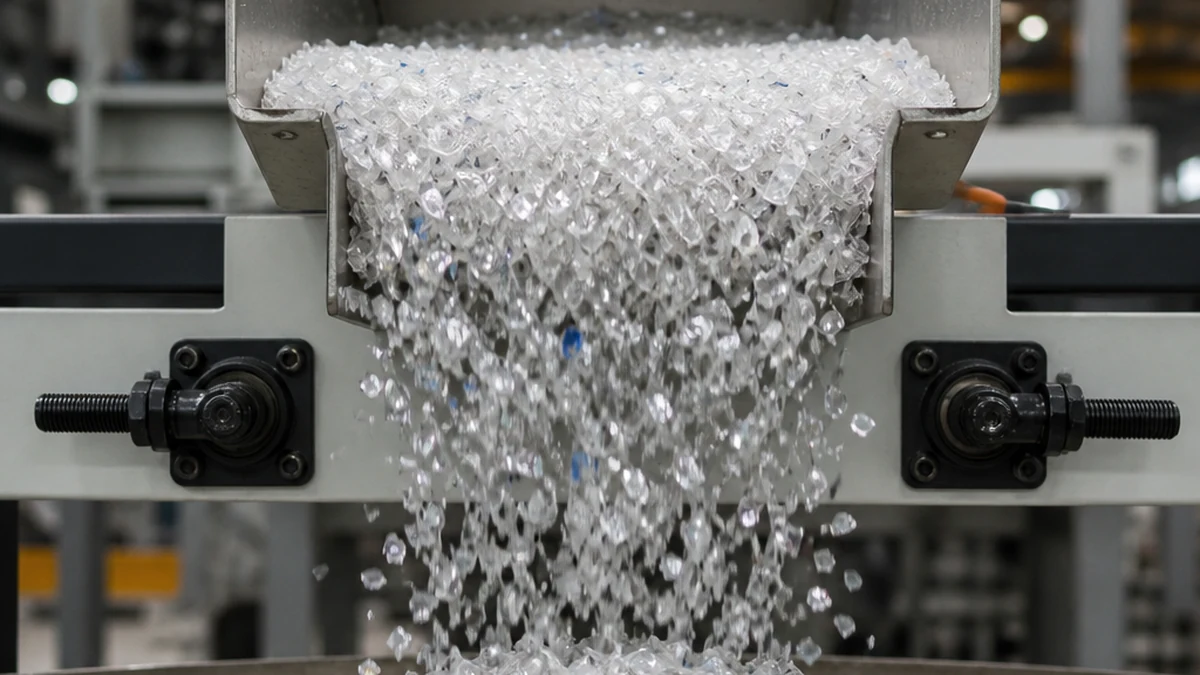 Recycled PET Flakes: How to Evaluate Quality, Grades and End Uses | Elant Machinery editorial close-up of clean clear recycled PET flakes poured from a recycling processing line, bright industrial lighting, magazine-quality detail