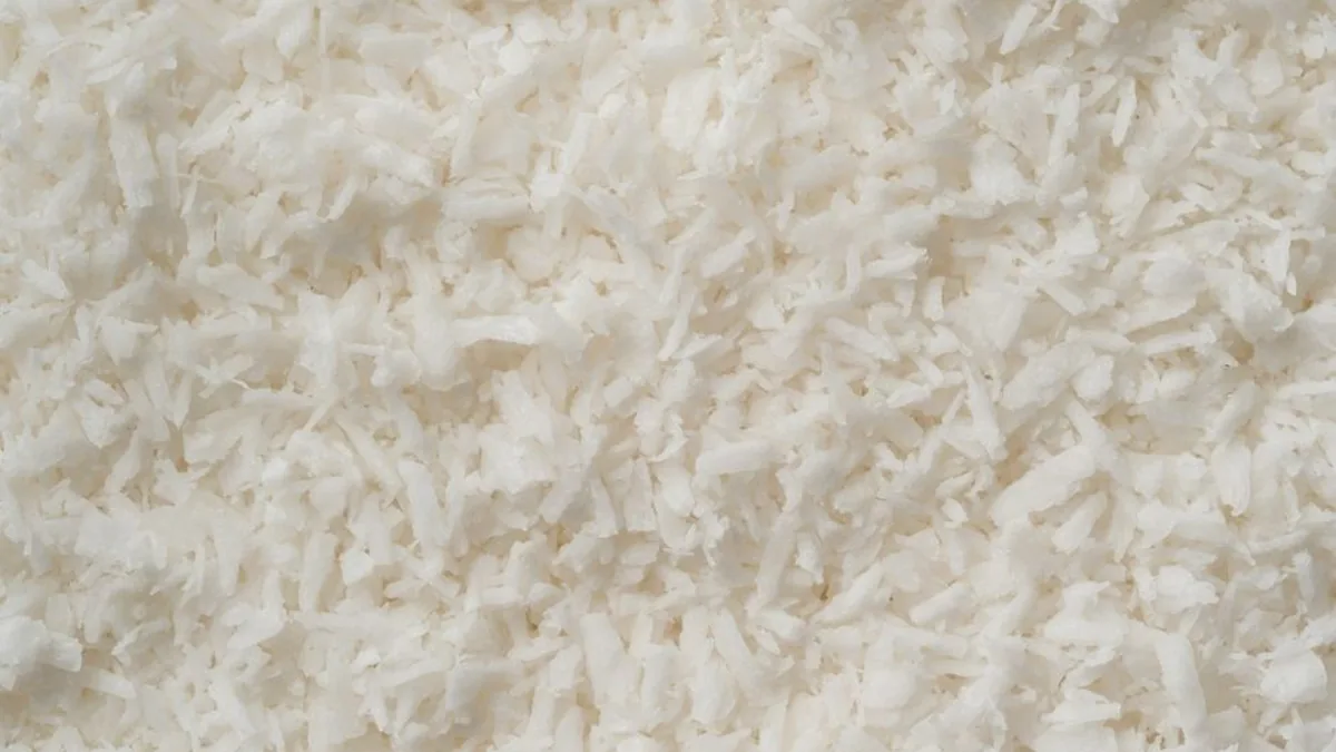 close-up of PET flakes on an output conveyor after washing and drying, showing clean clear and colored flakes separated