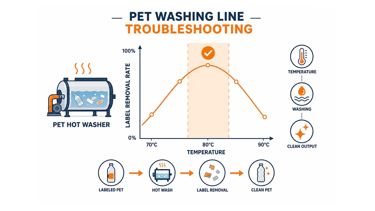 temperature vs label removal rate curve for PET hot washer, 70–90°C range, flat-design diagram