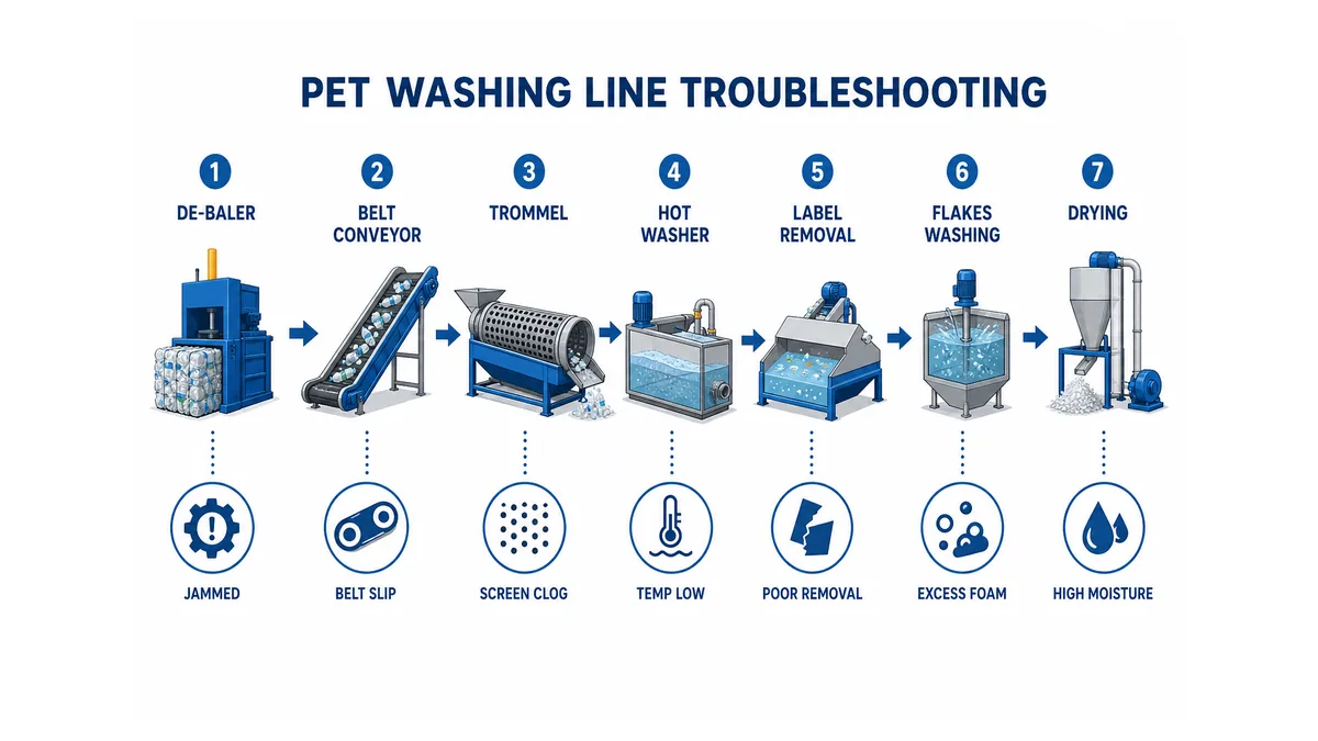 step-by-step PET washing line process flow showing de-baler → belt conveyor → trommel → hot washer → label removal → flakes washing → drying stages with common fault points labeled at each stage
