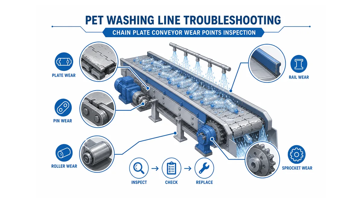 chain plate conveyor wear points inspection on a PET bottle washing line, industrial close-up