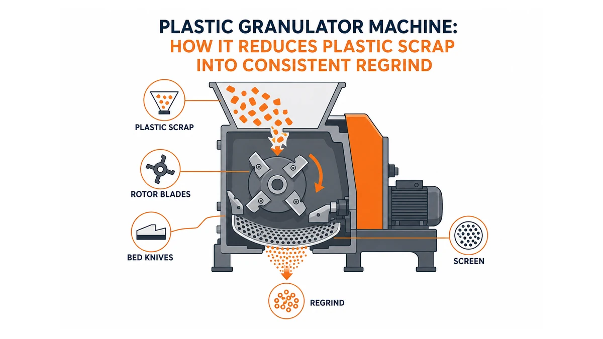 Plastic Granulator Machine: Process, Types & Selection Guide | Elant Machinery cross-section diagram of plastic granulator cutting chamber showing rotor blades, bed knives, screen, and regrind flow path