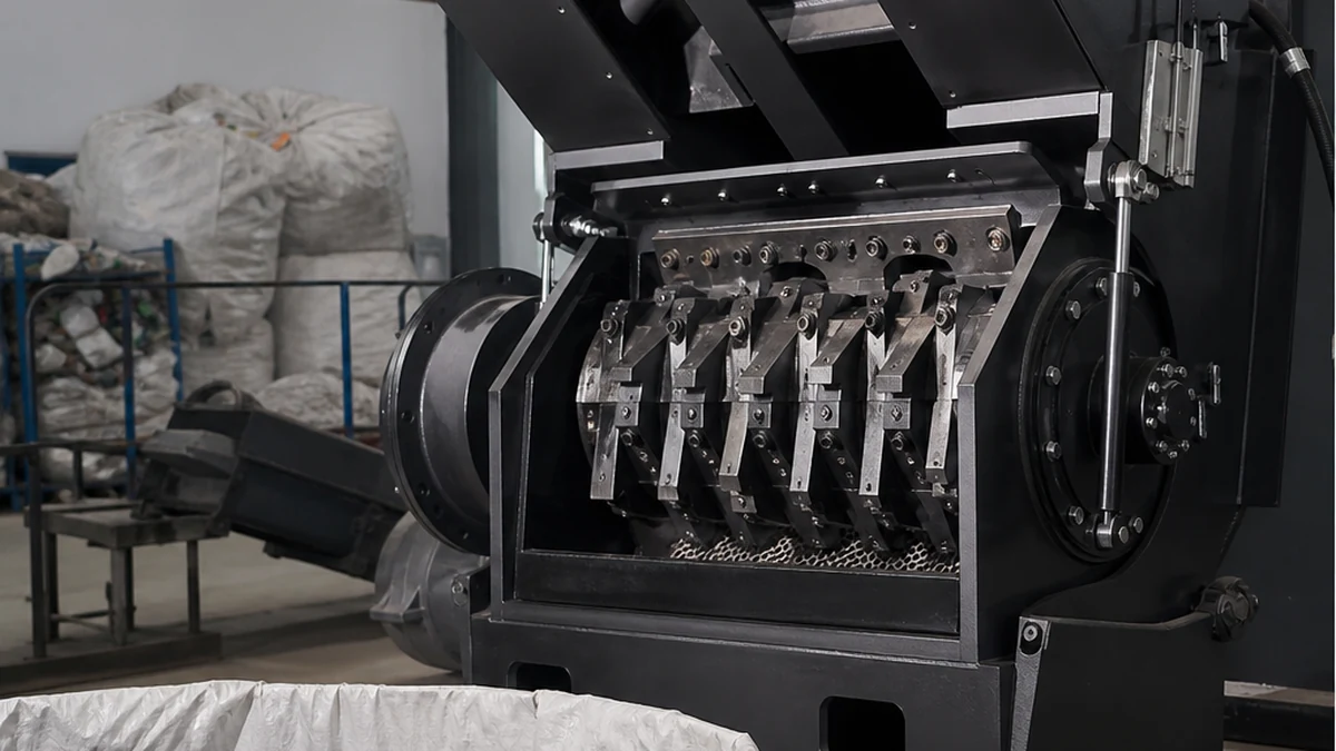 Plastic Granulator Machine: Process, Types & Selection Guide | Elant Machinery industrial plastic granulator machine in operation on a factory floor, cutting chamber open showing rotor blades, editorial lighting