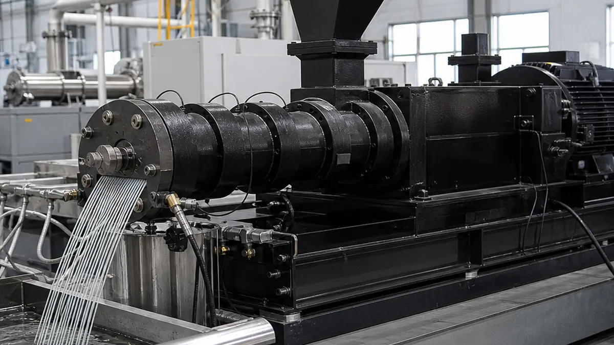 Plastic Pelletizing Machine Price: What Determines the Quote? | Elant Machinery industrial plastic pelletizing recycling line inside a manufacturing facility, wide-angle editorial shot, professional lighting, no logos or text