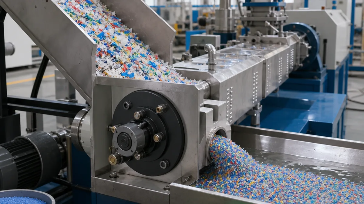 Plastic Pelletizing Machine Configuration for PET, PE, PP, HDPE and PVC | Elant Machinery industrial plastic pelletizing line processing colored regrind flakes, editorial wide-angle factory floor view with extruder and cutting system in foreground