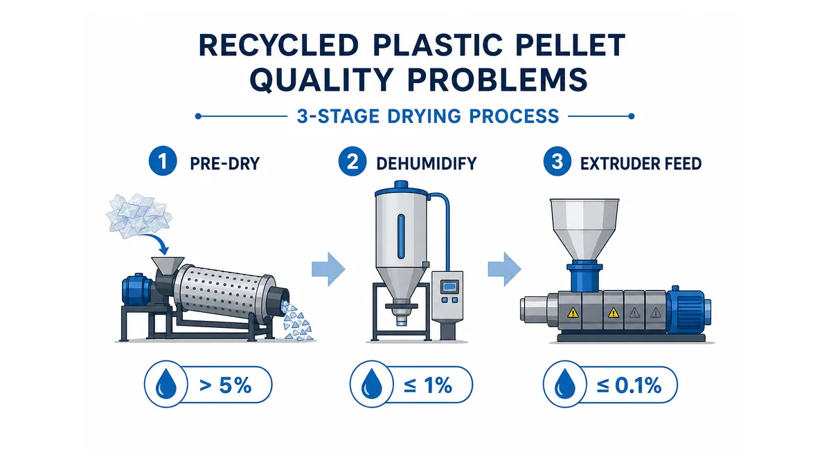 3-stage drying process for film recycling — mechanical pre-drying, dehumidifying hopper, and extruder feed throat with moisture percentage targets at each stage