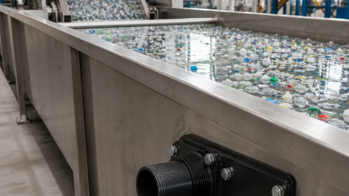 Sink-Float Tank: Sizing for PET Recycling Lines | Elant Machinery a stainless steel sink-float separation tank full of PET flakes with floating caps and labels on the water surface, industrial recycling plant, natural light, editorial style