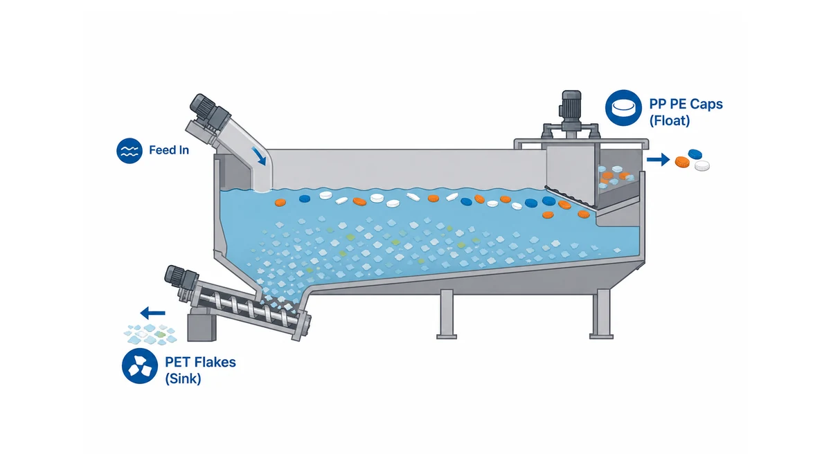 Sink-Float Tank: Sizing for PET Recycling Lines | Elant Machinery cross-section of a sink-float separation tank showing PET flakes sinking to the discharge auger and PP PE caps floating to the skimming weir