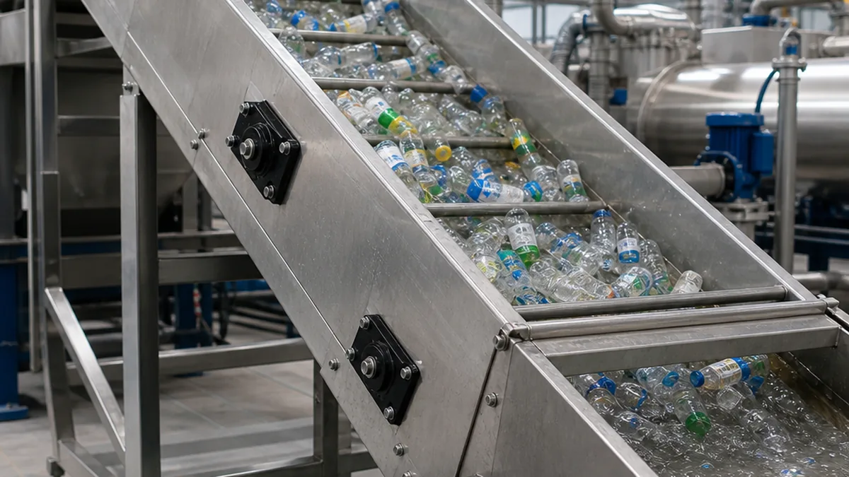 Top Plastic Recycling Machine Manufacturers in China | Elant Machinery editorial scene of a PET plastic bottle washing and recycling production line inside a modern Chinese manufacturing facility, wide angle, clean industrial lighting