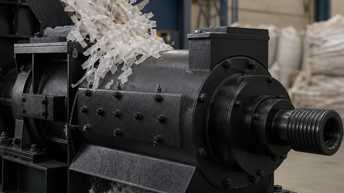 What Is an Agglomerator: Working Principle for Film Recycling | Elant Machinery an industrial plastic film agglomerator machine running in a recycling facility, shredded film feeding into the rotor chamber, editorial style, no text