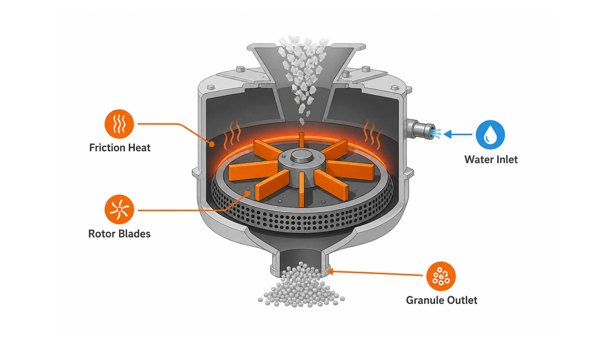 What Is an Agglomerator: Working Principle for Film Recycling | Elant Machinery cross-section diagram of a disc-type plastic film agglomerator showing rotor blades, friction heat zone, water quench inlet, and granule discharge port