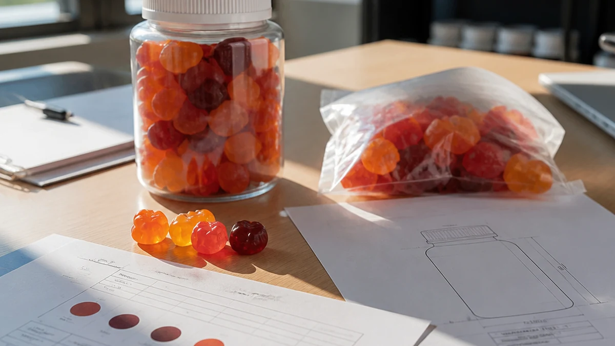 a proven bottle of gummy vitamins on a procurement desk beside a printed spec sheet and a batch sample bag, natural light, editorial style