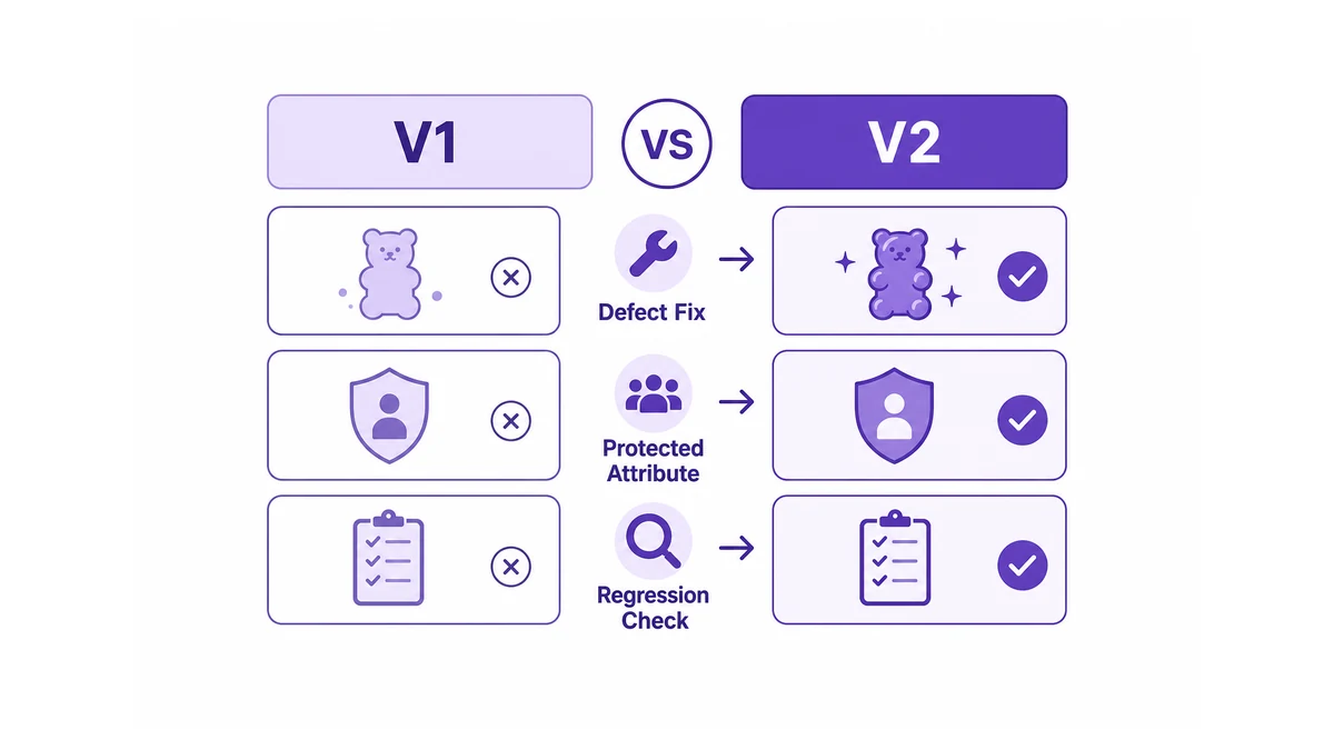side-by-side V1 vs V2 gummy validation checklist showing defect-fix, protected-attribute, and regression-check columns