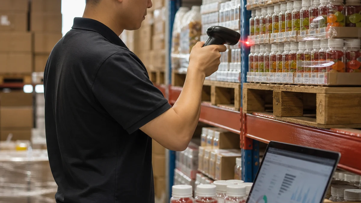 a fulfillment worker scanning cases of bottled gummy vitamins on a warehouse shelf next to a laptop showing an ecommerce dashboard, natural light, magazine editorial style