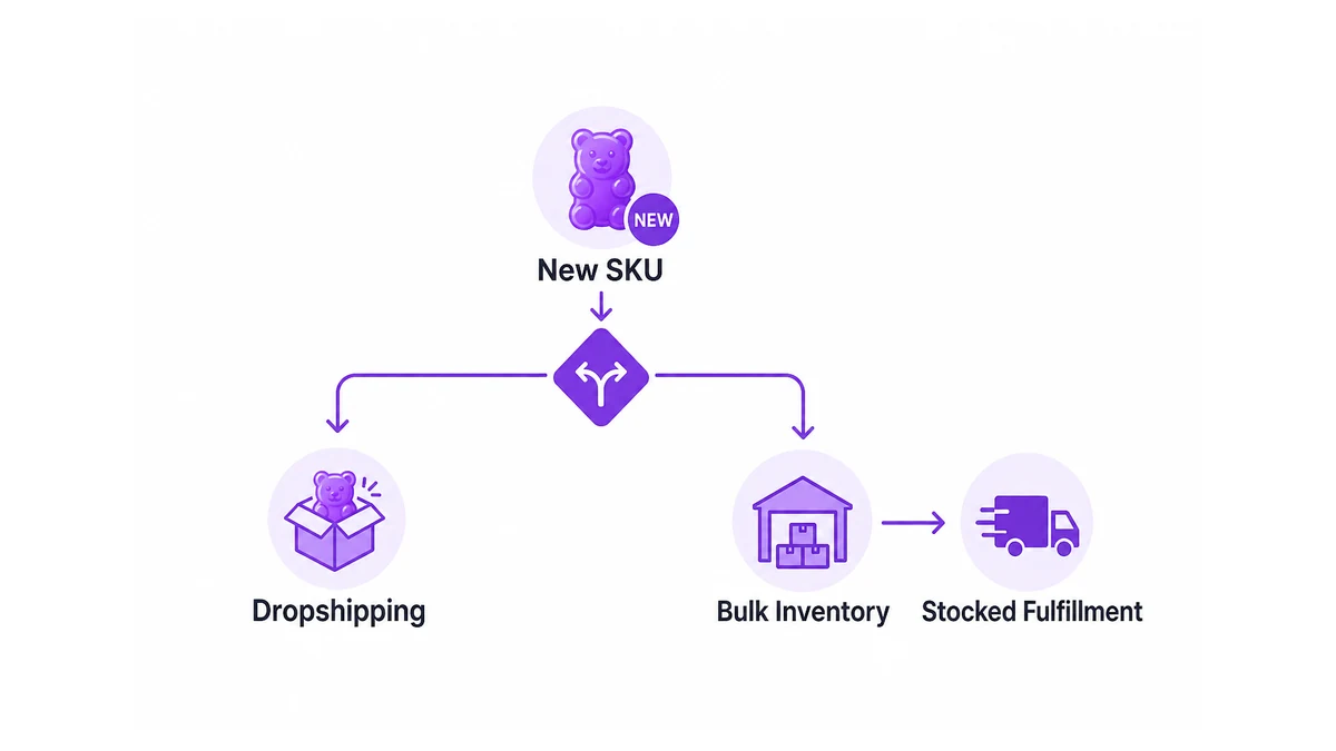 decision flow showing new gummy SKUs routed to dropshipping and proven high-velocity SKUs routed to bulk inventory and stocked fulfillment