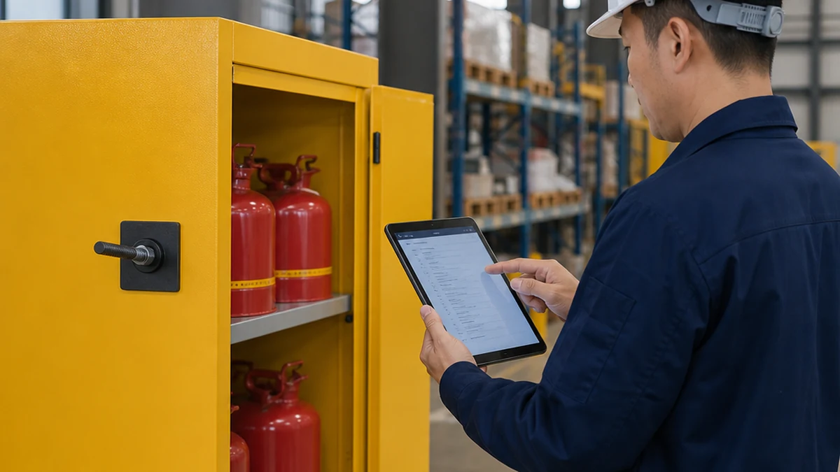 a procurement manager reviewing a flammable safety cabinet RFQ checklist on a tablet in an industrial warehouse, natural light, editorial style