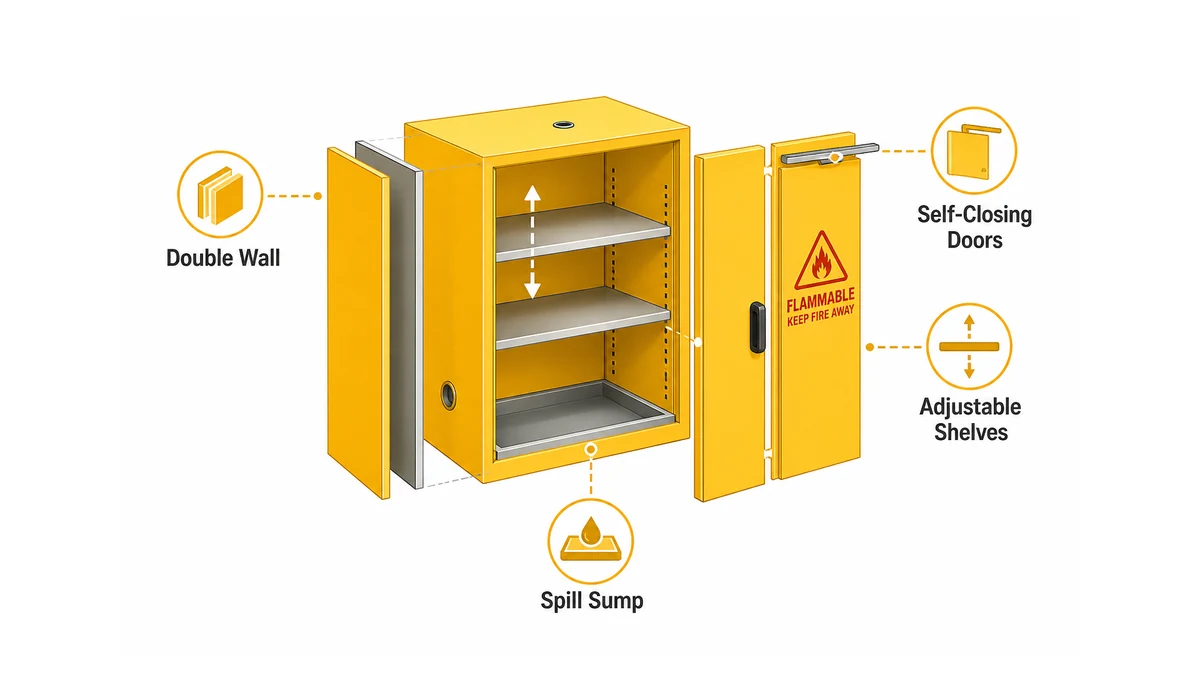 exploded cross-section of a flammable safety cabinet showing double-wall construction, adjustable shelves, spill sump, and self-closing doors