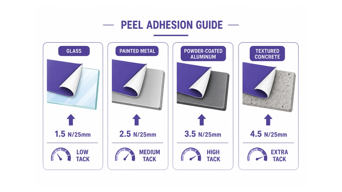 4-panel comparison diagram showing adhesive vinyl peel adhesion performance across four surface types — glass, painted metal, powder-coated aluminum, and textured concrete — with force values and recommended adhesive tack levels