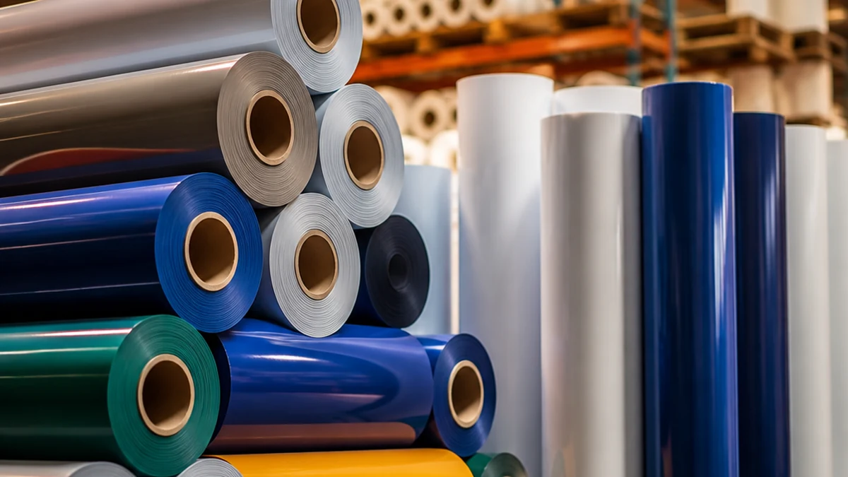 rolls of self adhesive vinyl film stacked in an industrial warehouse, warm overhead lighting, editorial product photography style