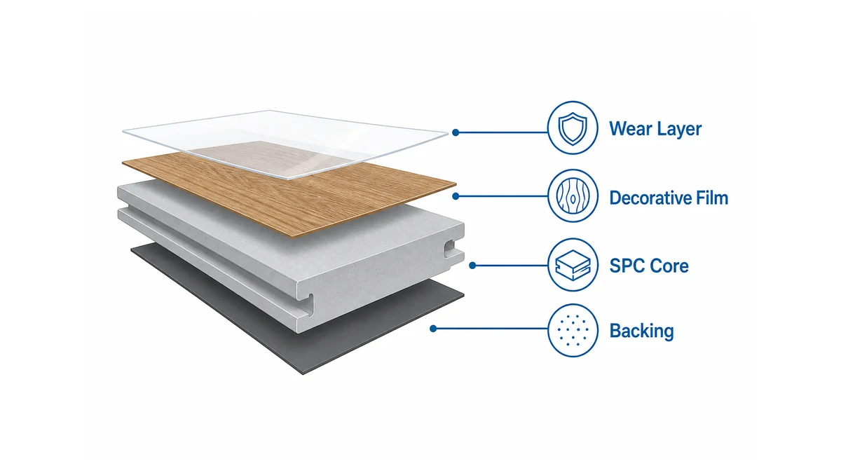 layered cross-section of an SPC flooring plank showing wear layer, decorative film, rigid SPC core, and backing