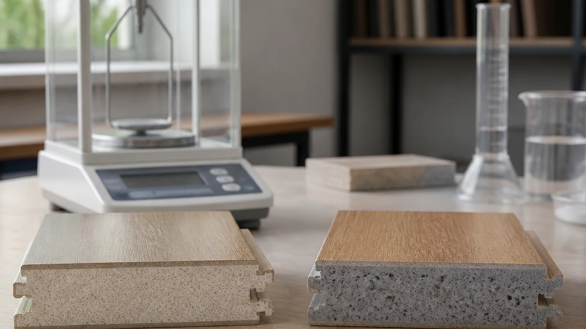 two SPC flooring core samples on a procurement desk next to a caliper and a density test balance, natural light, editorial style